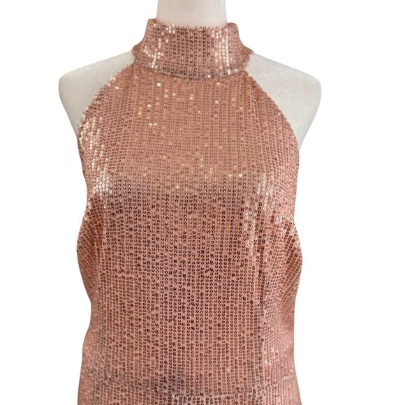 Rose Gold Sequin Halter Wide-Leg Jumpsuit – Open Back - Picture 2 of 9